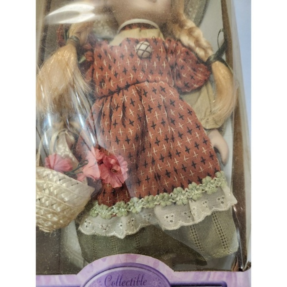Collectable Porcelain Doll in Box Blonde Hair Blue Eyes Brown Dress FlowerBasket - Picture 3 of 7